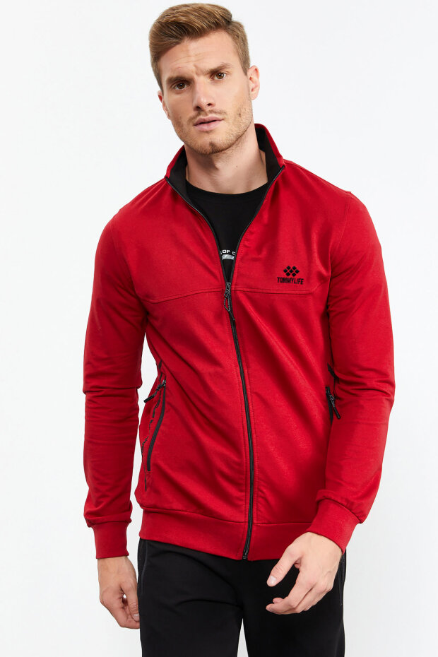 Men's Stand Collar Standard Fit Red-Black Tracksuit - 85152 - 5