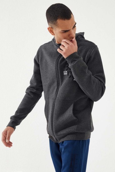 Zipper With Pocket Anthracite Melange Men's Sweatshirt - Thumbnail
