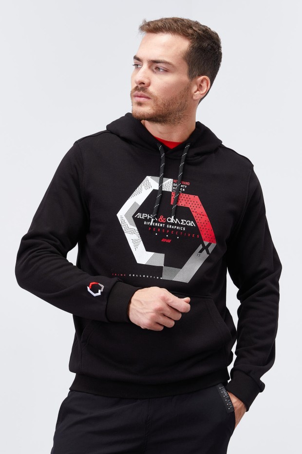 Hooded Three Coloured Embroidered Kangaroo Pocket Black Men's Sweatshirt