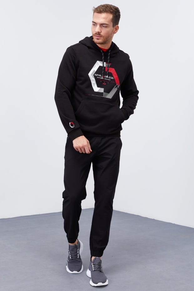 Hooded Three Coloured Embroidered Kangaroo Pocket Black Men's Sweatshirt