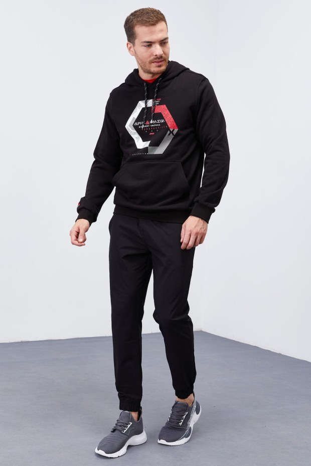 Hooded Three Coloured Embroidered Kangaroo Pocket Black Men's Sweatshirt