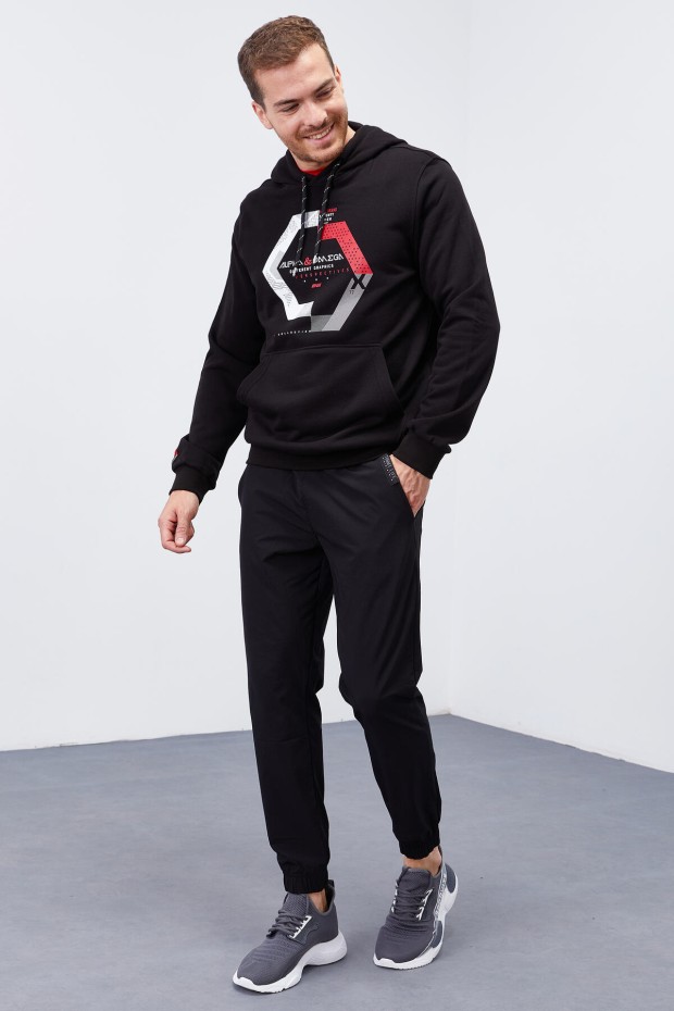 Hooded Three Coloured Embroidered Kangaroo Pocket Black Men's Sweatshirt