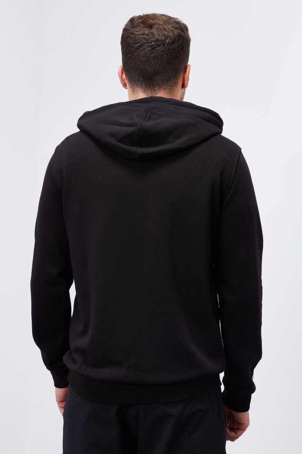 Hooded Three Coloured Embroidered Kangaroo Pocket Black Men's Sweatshirt