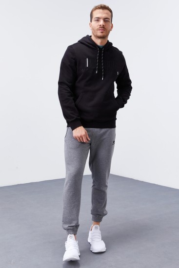Hooded Coordinate Detailed Black Men's Sweatshirt - TOMMYLIFE (1)