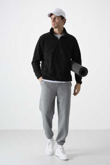 Stand Collar Zippered Fleece Black Men's Sweatshirt - TOMMYLIFE (1)