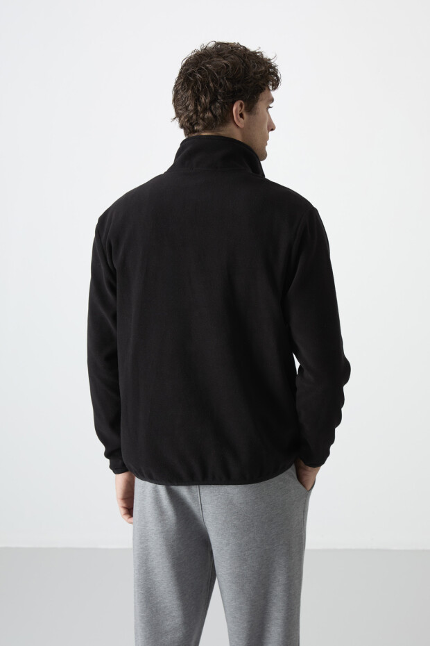 Stand Collar Zippered Fleece Black Men's Sweatshirt - 6
