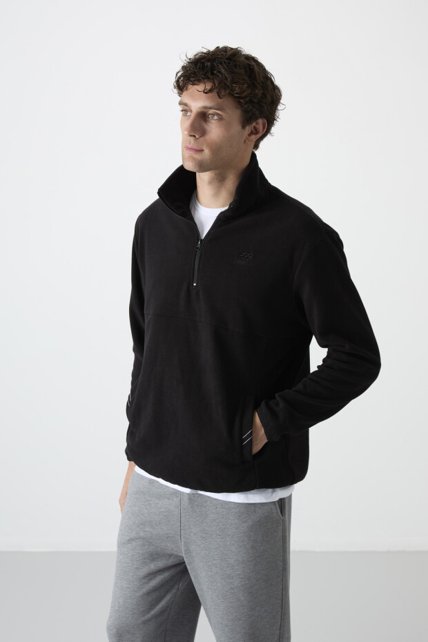 Stand Collar Zippered Fleece Black Men's Sweatshirt - 5