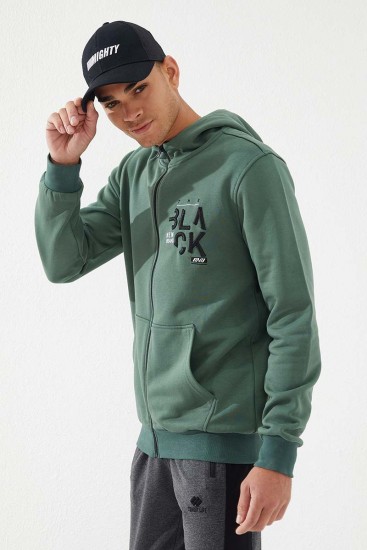 Zipper With Pocket Green Men's Sweatshirt - Thumbnail