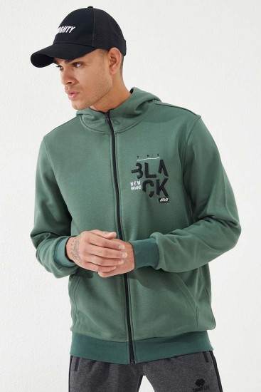 Zipper With Pocket Green Men's Sweatshirt - Thumbnail