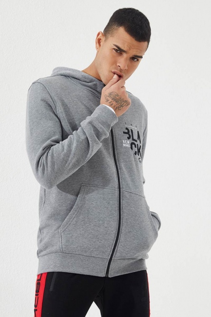 Zipper With Pocket Grey Melange Men's Sweatshirt - Thumbnail