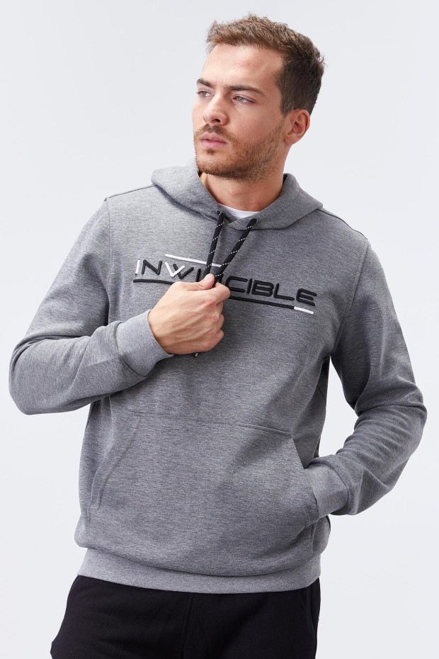 Invincible Embroidered Kangaroo Pocket Grey Melange Men's Sweatshirt