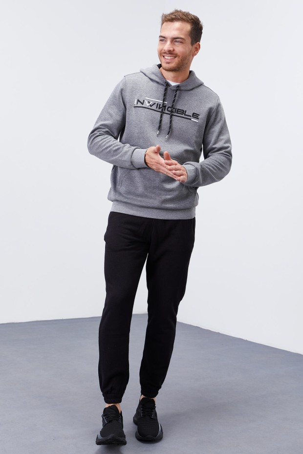 Invincible Embroidered Kangaroo Pocket Grey Melange Men's Sweatshirt