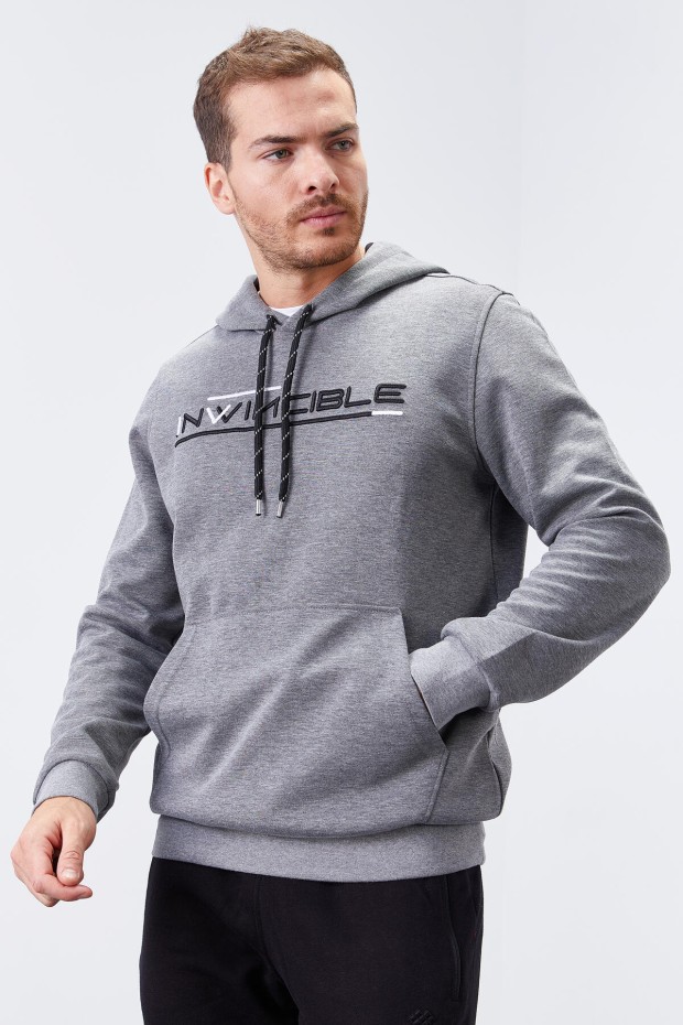 Invincible Embroidered Kangaroo Pocket Grey Melange Men's Sweatshirt