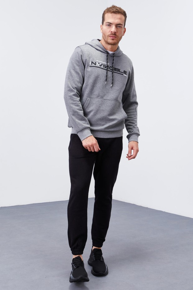 Invincible Embroidered Kangaroo Pocket Grey Melange Men's Sweatshirt