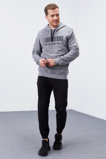 Hooded Coordinate Detailed Grey Melange Men's Sweatshirt - TOMMYLIFE (1)