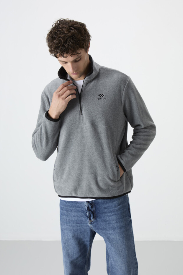 Stand Collar Zippered Fleece Grey Melange Men's Sweatshirt - 3