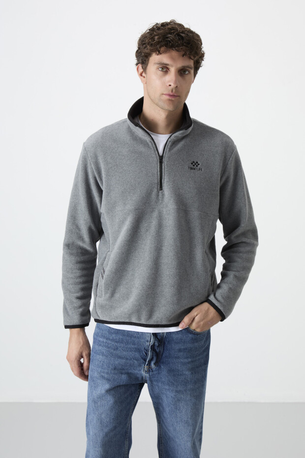 Stand Collar Zippered Fleece Grey Melange Men's Sweatshirt - 1