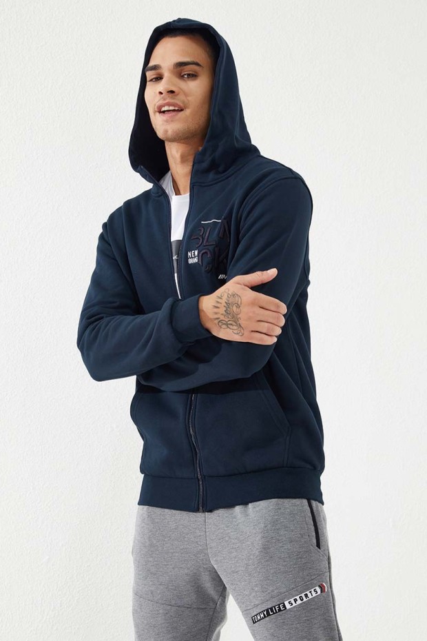 Zipper With Pocket Navy Blue Men's Sweatshirt