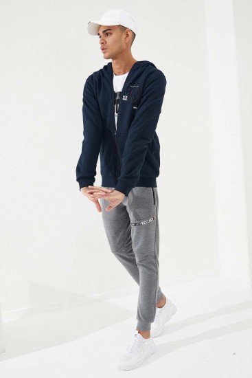 Zipper With Pocket Navy Blue Men's Sweatshirt - Thumbnail