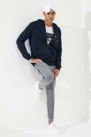 Zipper With Pocket Navy Blue Men's Sweatshirt - Thumbnail