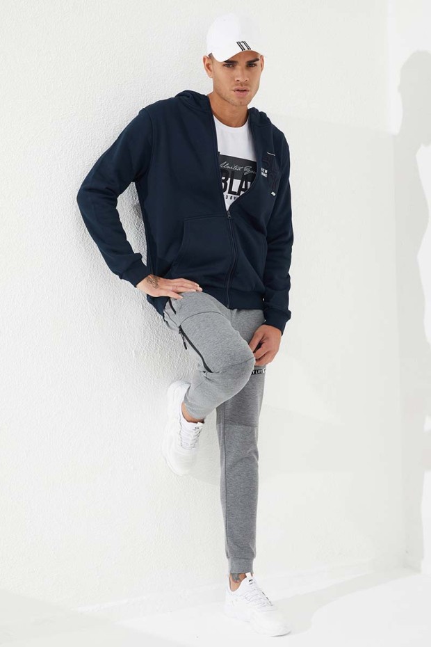 Zipper With Pocket Navy Blue Men's Sweatshirt