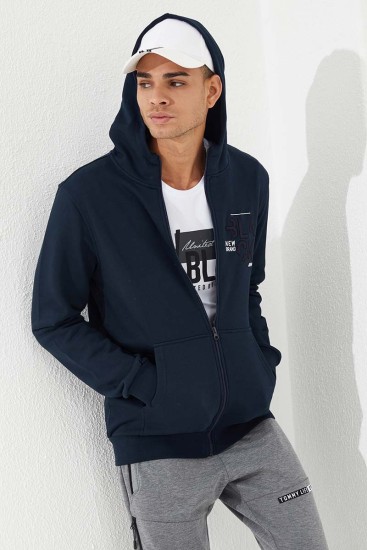 Zipper With Pocket Navy Blue Men's Sweatshirt - Thumbnail
