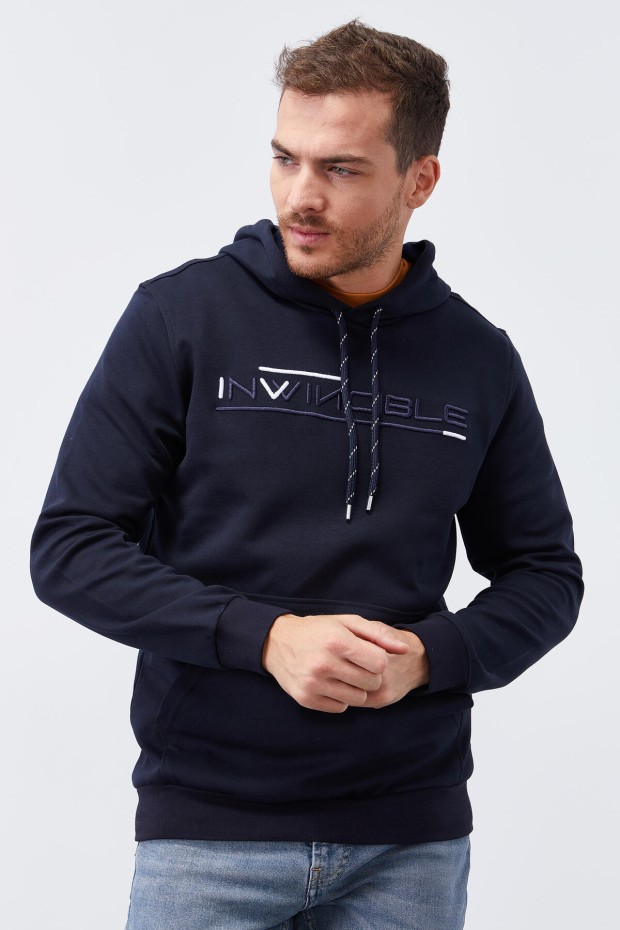 Invincible Embroidered Kangaroo Pocket Navy Blue Men's Sweatshirt