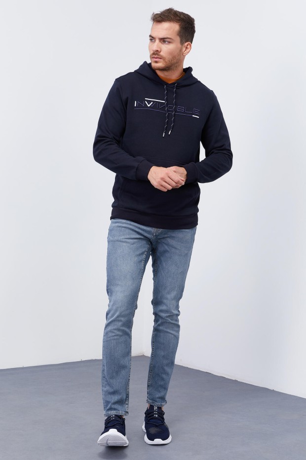 Invincible Embroidered Kangaroo Pocket Navy Blue Men's Sweatshirt