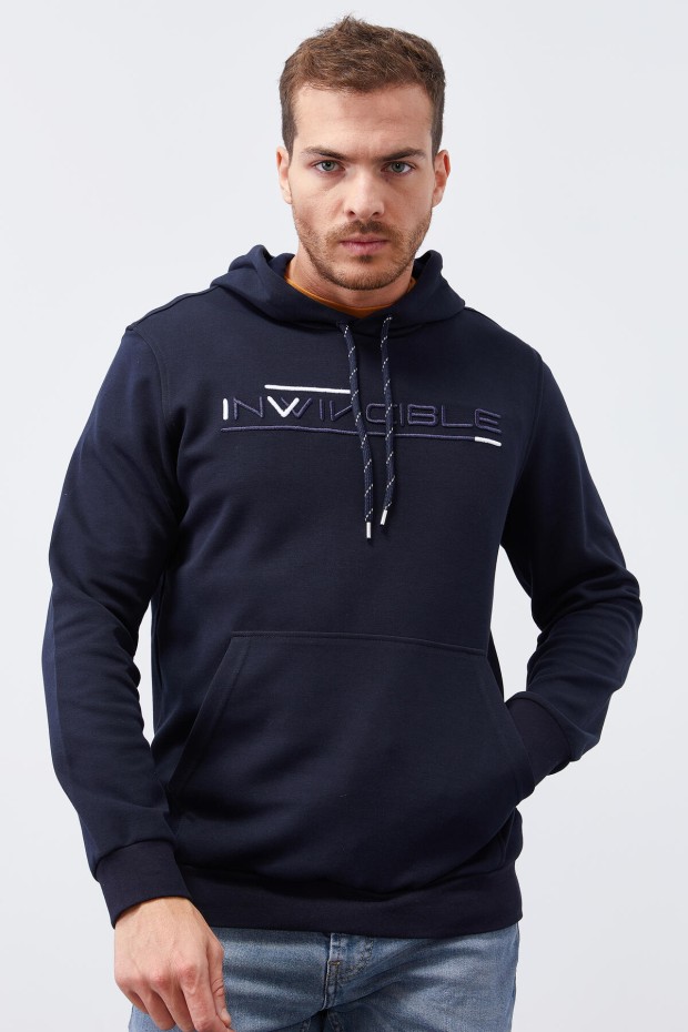 Invincible Embroidered Kangaroo Pocket Navy Blue Men's Sweatshirt