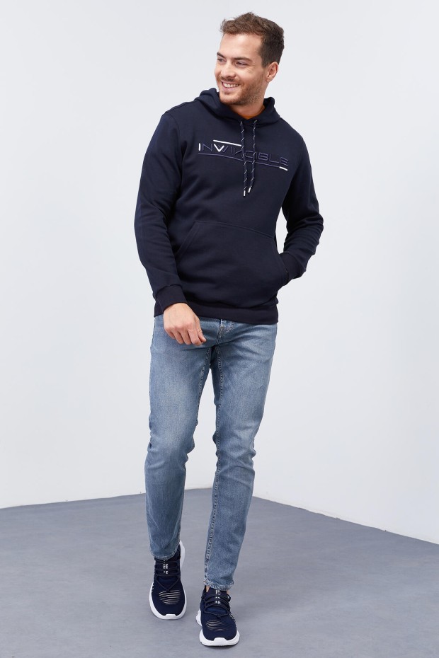 Invincible Embroidered Kangaroo Pocket Navy Blue Men's Sweatshirt