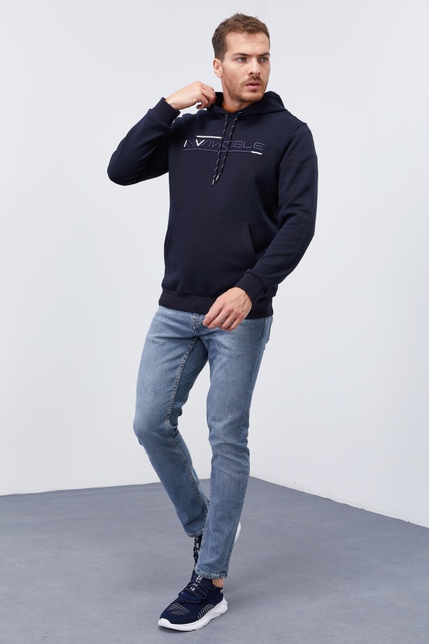 Invincible Embroidered Kangaroo Pocket Navy Blue Men's Sweatshirt