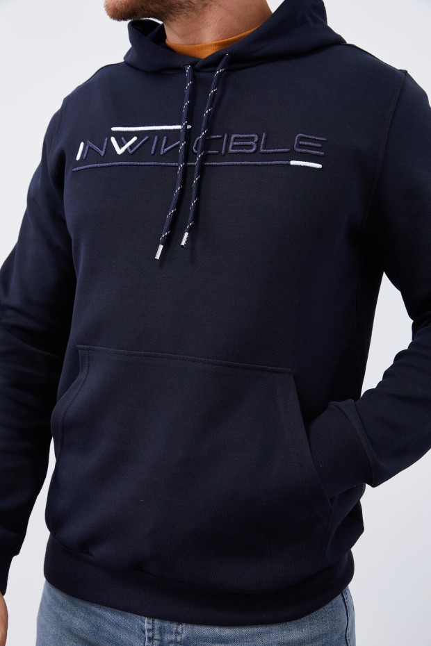 Invincible Embroidered Kangaroo Pocket Navy Blue Men's Sweatshirt