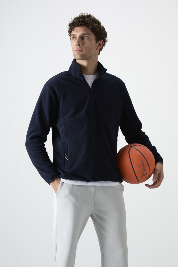Stand Collar Zippered Fleece Navy Blue Men's Sweatshirt - 5
