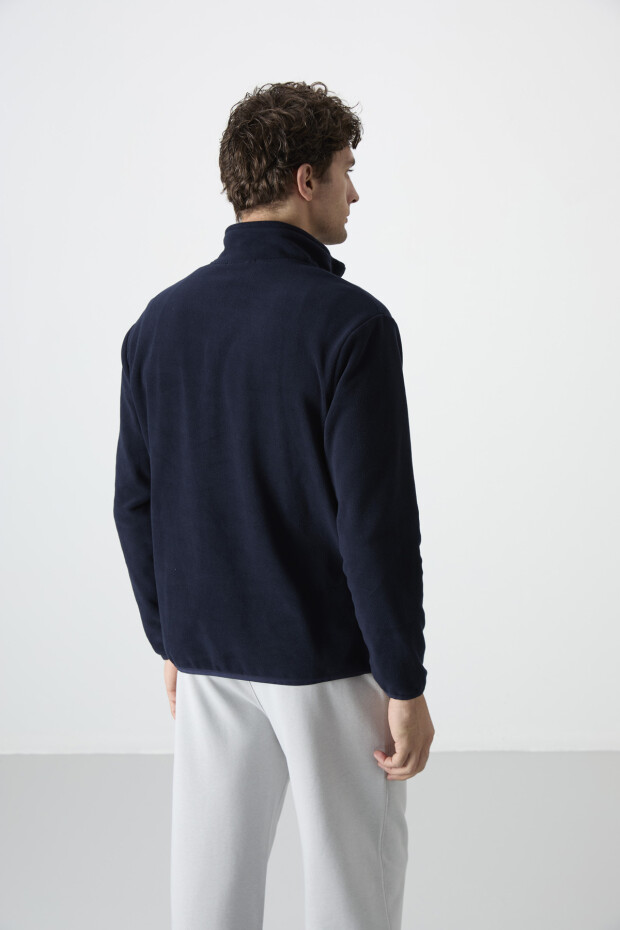 Stand Collar Zippered Fleece Navy Blue Men's Sweatshirt - 7