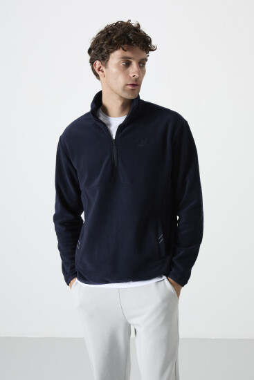 Stand Collar Zippered Fleece Navy Blue Men's Sweatshirt - TOMMYLIFE (1)