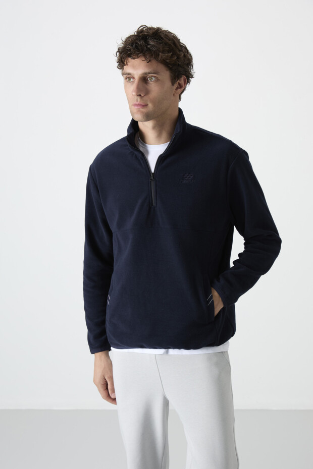 Stand Collar Zippered Fleece Navy Blue Men's Sweatshirt - 6