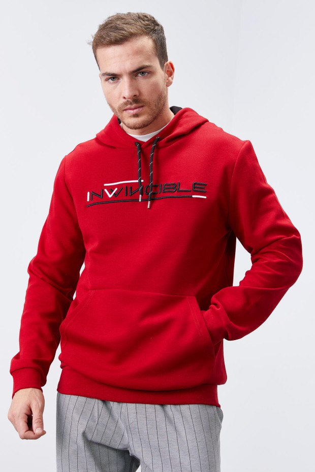 Invincible Embroidered Kangaroo Pocket Red Men's Sweatshirt