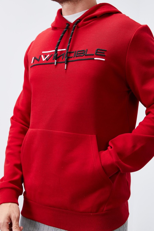 Invincible Embroidered Kangaroo Pocket Red Men's Sweatshirt