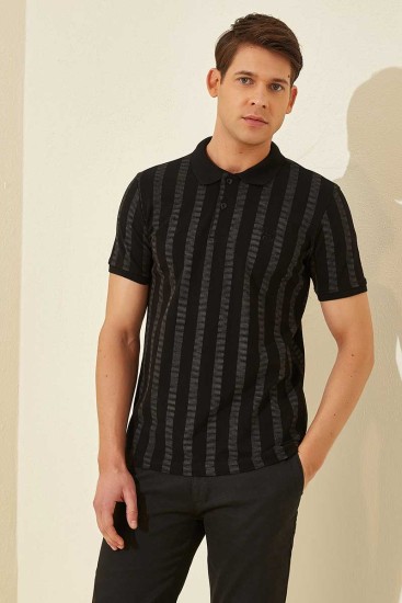 Tommy Life Patterned Polo Black-Dark Grey Men's T-Shirt - Thumbnail