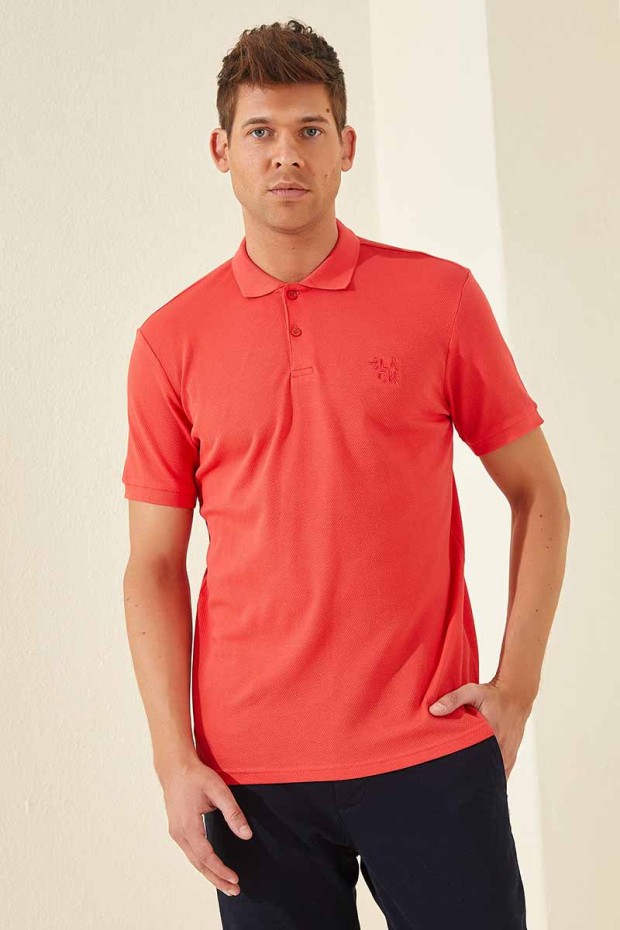 Tommy Life Classic Embroidered Polo Coral Men's T-Shirt