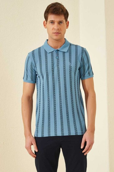 Tommy Life Patterned Polo Dirty Blue Men's T-Shirt - Thumbnail