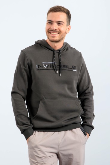 Men's Text Embroidered Standard Fit Hooded Khaki Sweatshirt - 87883 - Thumbnail