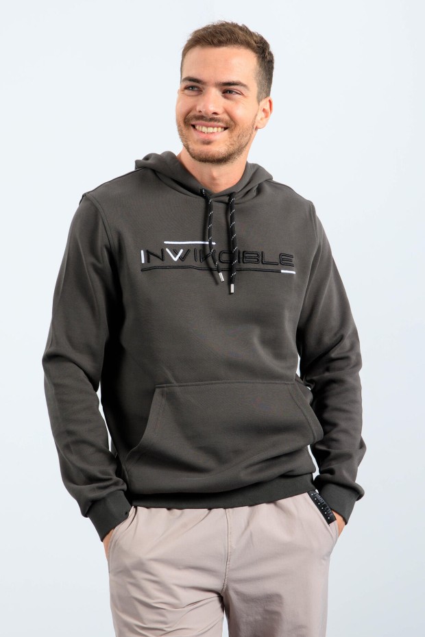 Men's Text Embroidered Standard Fit Hooded Khaki Sweatshirt - 87883