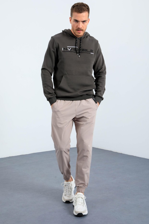Men's Text Embroidered Standard Fit Hooded Khaki Sweatshirt - 87883