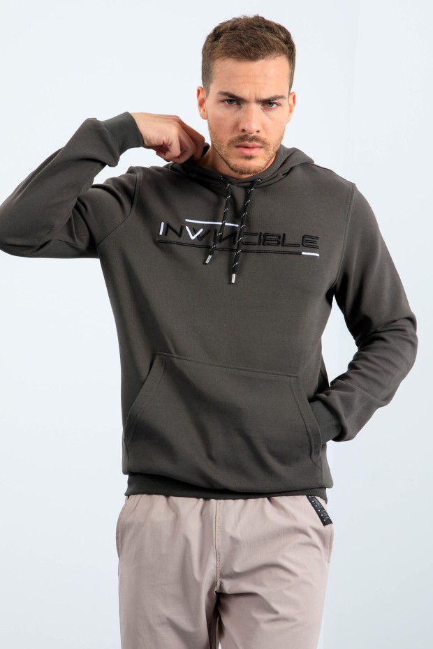 Men's Text Embroidered Standard Fit Hooded Khaki Sweatshirt - 87883