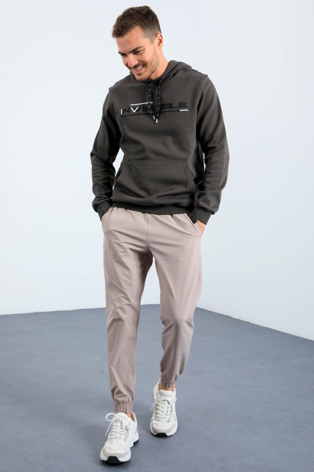 Men's Text Embroidered Standard Fit Hooded Khaki Sweatshirt - 87883