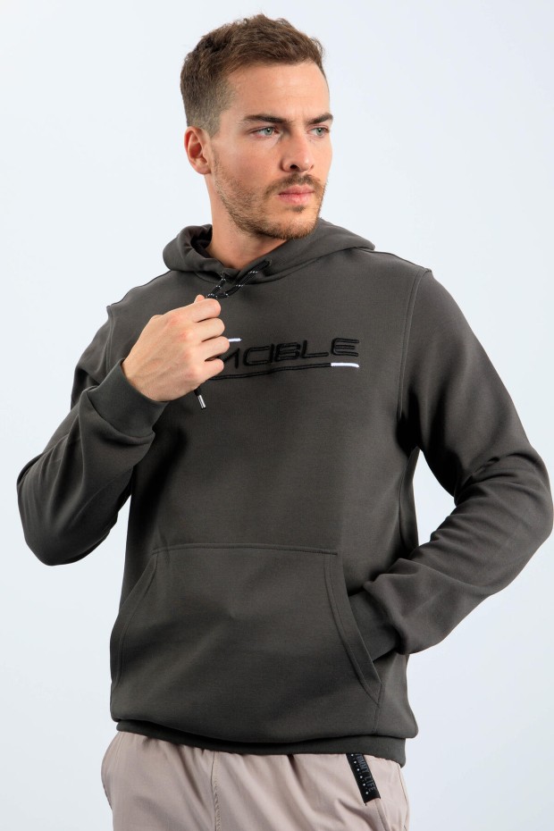 Men's Text Embroidered Standard Fit Hooded Khaki Sweatshirt - 87883