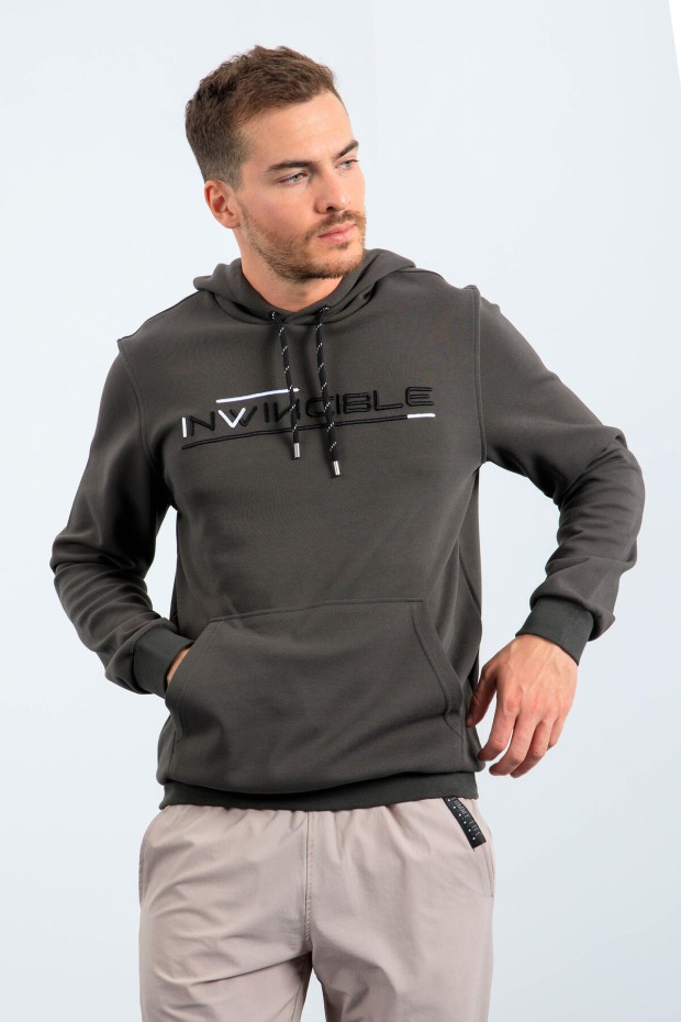 Men's Text Embroidered Standard Fit Hooded Khaki Sweatshirt - 87883