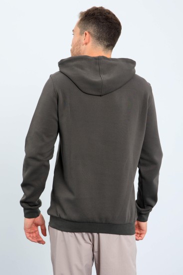 Men's Text Embroidered Standard Fit Hooded Khaki Sweatshirt - 87883 - Thumbnail