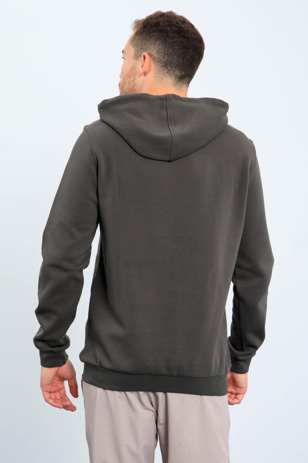 Men's Text Embroidered Standard Fit Hooded Khaki Sweatshirt - 87883